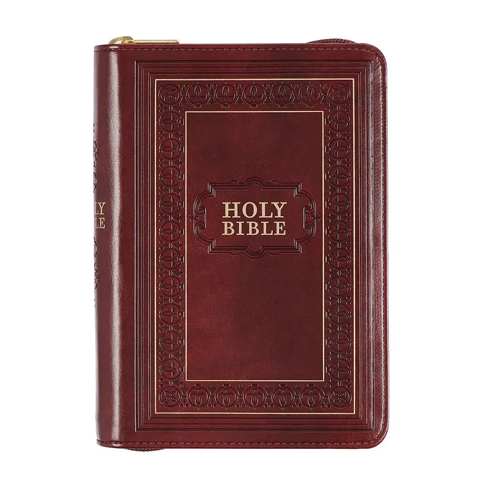 2023 ODM Framed Burgundy Faux Leather Large Print Compact Bible Note Journal Bible With Zippered Closure