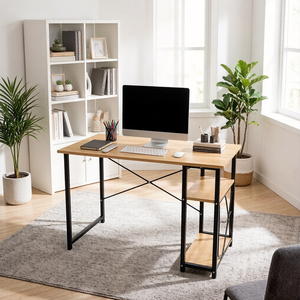Modern Simple Computer <strong>Desk</strong> with Side Bookshelf Wooden Top &amp; Metal Frame Study Writing <strong>Desk</strong> for Home Office <strong>Small</strong> <strong>Space</strong> - Product Image 2
