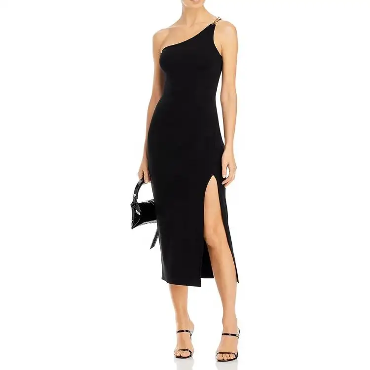Custom Sexy Fashion 100% Silk Dress One Shoulder Chain Strap Midi Dress Long Black Elegant Silk Dresses