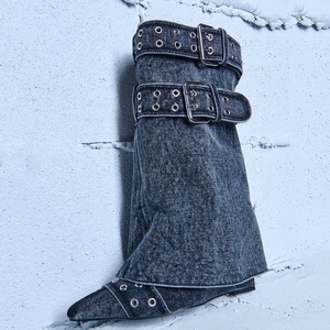 Black Denim Buckles Trendy Short Overlay Booties High Wedge Heel Mid-Calf Shaft <b>Boots</b> for Women Pointy Toe Shoes - Product Image 5