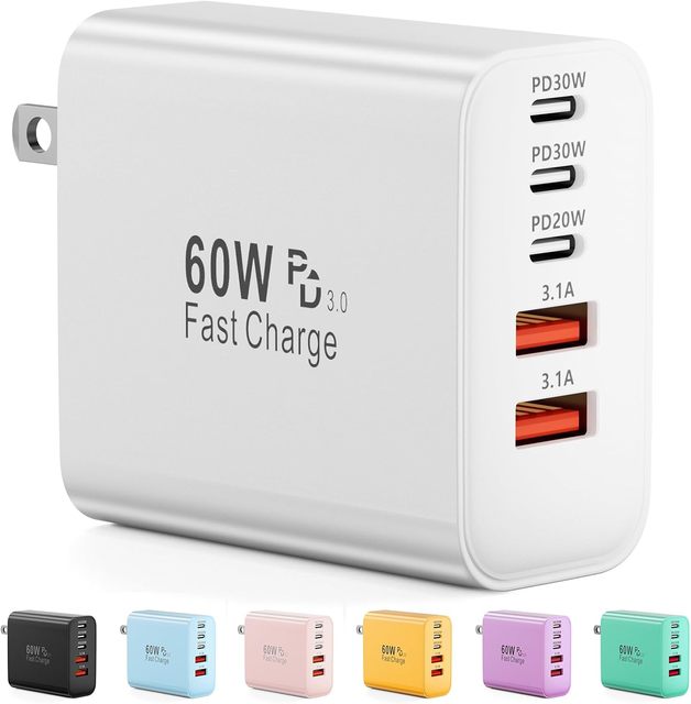USB C Charger Block, 60W 5-Port Type C Charger Fast Charging Block, USBC USB Multiple Port Wall Charger Plug Adapter