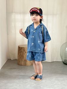 아동복 2026 여름 데님 셔츠 세트 남아 캐주얼 여아 반팔 원피스 형제자매룩 - Product Image 5