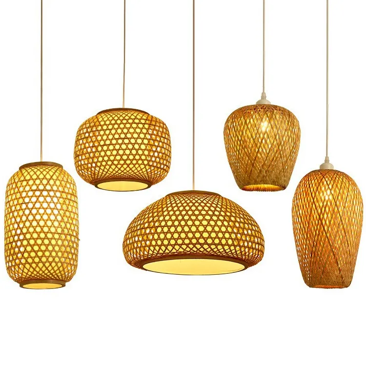 Modern Handmade Wicker Rattan Bamboo Wooden Shade Hanging Ceiling Lamp Retro Lighting For Home Woven Chandelier Pendant Light