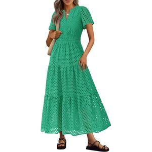 Vestido largo de mujer con manga corta, cuello en V, diseño calado, línea A, cintura elástica, transpirable, informal, para playa o vacaciones - Product Image 1