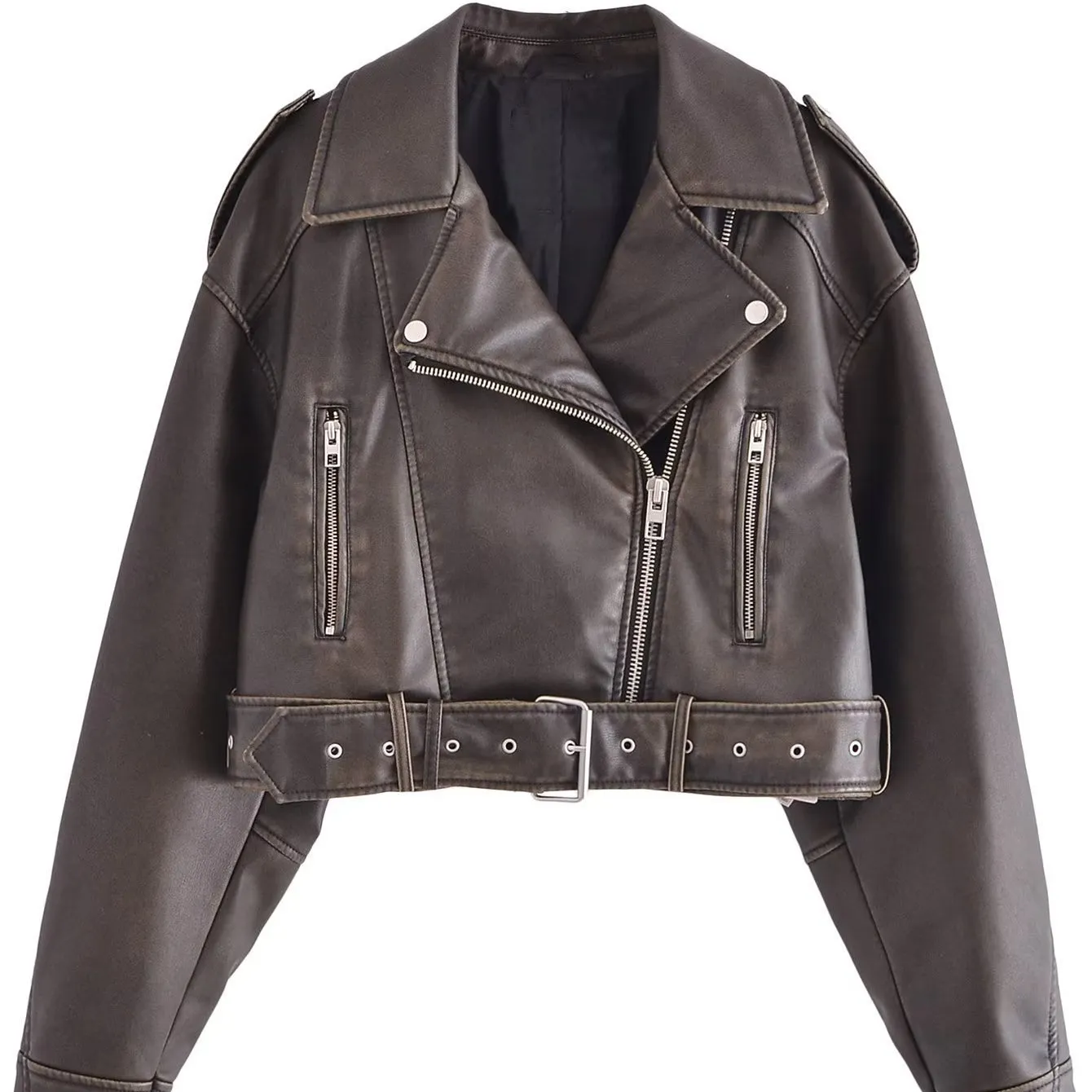 Fall PU Distressed Zip Up Jacket Solid Color Turn-down Collar Slim Vintage Leather Jacket Biker Leather Jacket