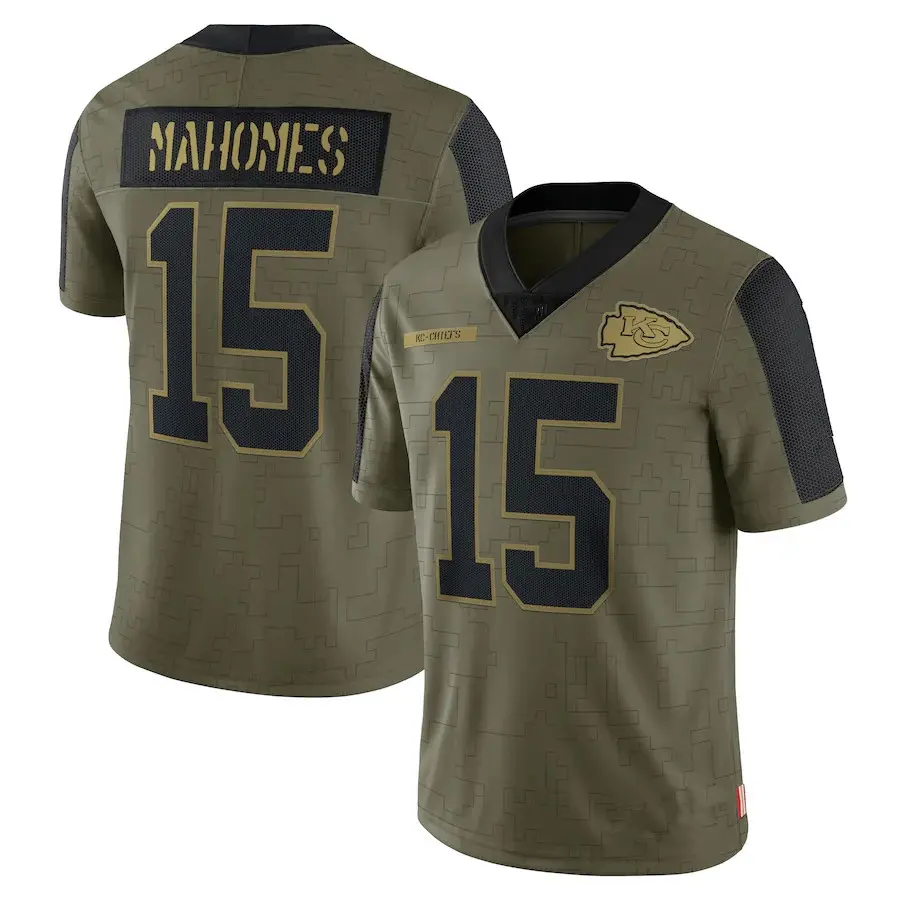 Patrick Mahomes #15 Kansas City 2021 Saudação Ao Serviço Costurado EUA Futebol Team Limited Jogador Jersey - Olive