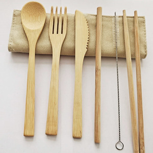Bamboo Tableware Set 6-Piece Knife Fork Spoon <b>Straw</b> Chopsticks Travel Utensil With Bag <b>Reusable</b> Eco-Friendly - Product Image 1