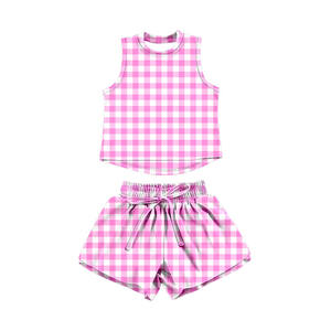 Conjunto deportivo de verano para niñas, con estampado a cuadros rosa claro, modelo GSSO3478, venta al por mayor. - Product Image 1