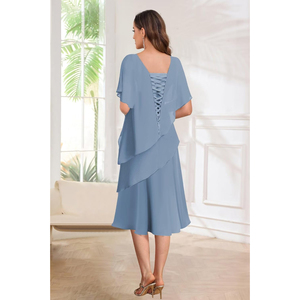 Bolodoo 2025 chiffon רשמי שמלה רשמית מזדמנים שמלת כלה באורך תה אמא כלה שרוולים קצרים ruffles מותן טבעי עבור פנאי פנאי - Product Image 5