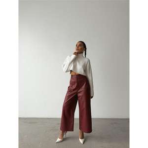 Pantalon en cuir bordeaux décontracté pour femme, taille élastique, avec poche avant, respirant, pantalon cargo à jambes larges, taille XL - Product Image 6