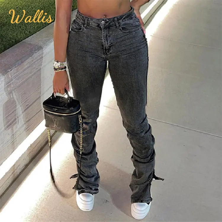 Autumn Summer Ladies Black Vintage Distressed Custom Streetwear Female Long Pants Denim Women's Trousers Stacked Jeans