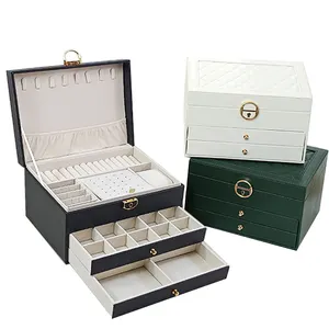 OEM rose vert ivoire noir couleur PU cuir bijoux organisateur voyage boîte de rangement trois couches avec étui à tiroirs