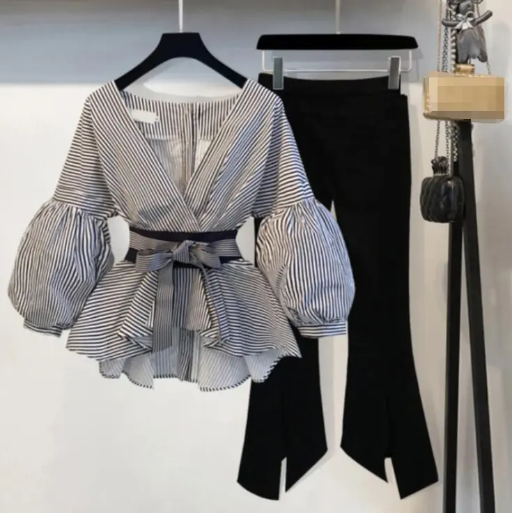 WO piece-Conjunto de ropa informal para mujer, Blusa de manga farol, tops y pantalones de talla grande, 5512
