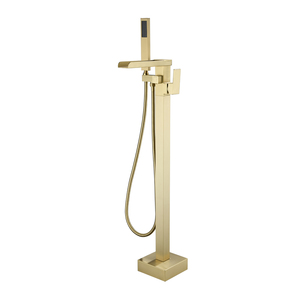 All Copper Brushed Gold Floor Bathtub Faucet Waterfall Shower Pedestal With Rectangle Rain Showerhead - Product Image 5