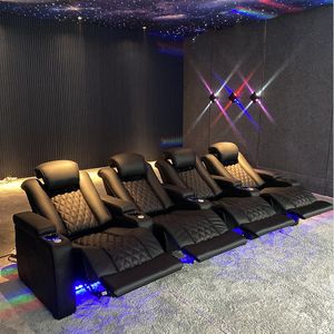 Горячая распродажа: 4-местный кинотеатральный диван с красной строчкой, LED-подсветкой, из натуральной кожи, электрический реклайнер для домашнего кинотеатра - Product Image 6