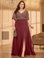 Robe de soirée élégante en mousseline de soie avec patchwork de paillettes, taille plus, noire, couleur unie, col en V, avec fermeture éclair au dos