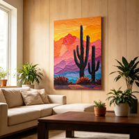 Peinture à l'huile moderne texturée de scène désertique avec cactus, palette vibrante, sur toile, pour décoration murale de salon