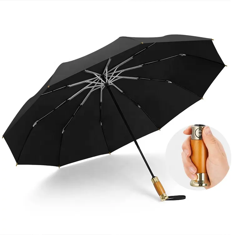 Customized fold umbrella wooden handle customized rain man business big umbrella with logo