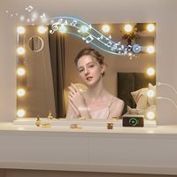 Miroir de Maquillage Carré Autoportant en Métal et Verre avec 15 Lumières LED, Interrupteur Tactile Bluetooth, Grossissant, Personnalisable OEM/ODM
