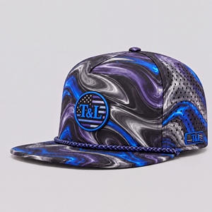 Casquette de golf unisexe à visière plate, style snapback, avec patch PVC imperméable, 5 panneaux, perforée et respirante, coloris violet et bleu - Product Image 1