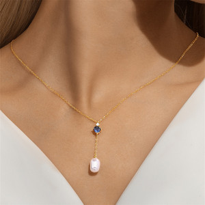 Collar con Colgante CANNER Hoop de Plata de Ley 925 Chapado en Oro con Perla Irregular y Circonita, Regalo de Boda Moderno - Product Image 3