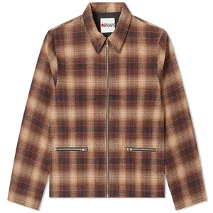 Custom Mens plaid colorblock flannel bomber jacket mens check collar zip closure shirt