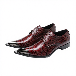 Chaussures habillées pour hommes à bout pointu en métal, lacées, en cuir véritable rouge bordeaux, pour affaires, soirées ou mariages - Product Image 3