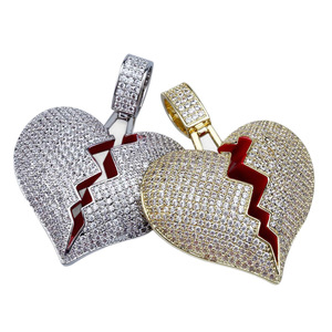 Collier Pendentif Cœur Brisé Iced Out en Laiton CZ Doré Argenté avec Chaîne Corde, Bijoux Hip Hop pour Hommes Femmes, Cadeau - Product Image 6