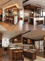 Meubles de cuisine modulaires en chêne clair avec îlot en marbre, éclairage LED sous l'îlot, ensemble d'armoires de cuisine à concept ouvert