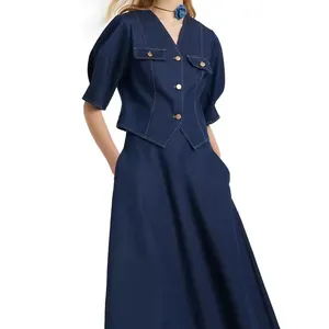 Women's Heavy Button Denim Jeans Suit Comfortable V-neck Coat And Denim Skirt Custom A Line Denim Sets