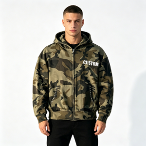 Custom LOGO Letter <b>Studded</b> Camo Zip UP Hoodie Bulk Vintage Washed Streetwear Hoodie Supplier - Product Image 3