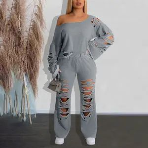 Top Long Pants Outfits Women's Clothing Casual Solid Cut Out Two-piece Set Long Sleeve Summer Knitting Suit Crew Neck Grey