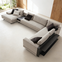 Canapé modulaire en tissu beige clair en forme de L, trois places, éponge haute densité, table d'appoint en bois noir, salon moderne haut de gamme