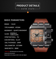 Reloj de Pulsera de Cuarzo OULM 3364 con Correa de Cuero de Forma Única, Visualización de Múltiples Zonas Horarias, Esfera Ancha, Reloj Deportivo de Golf para Hombre
