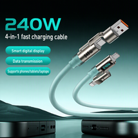 Kabel Pengisian Daya Cepat 4-in-1 Multi Fungsi USB/iOS 240W dengan Pengisi Daya dan Layar LED, Berlapis Karet Silikon Cair yang Lembut