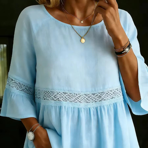 Wholesale Women Clothes New Solid Color Round Neck Hollowed Out Casual <b>Top</b> With Lace <b>Patchwork</b> Shirt - Product Image 1