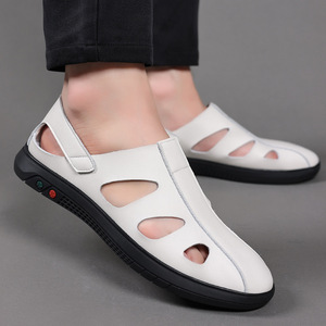 Men's Soft Leather Hollow-Out Sandals <b>Slip</b>-On Breathable Casual Shoes Black White Adult Size 40-45 - Product Image 4