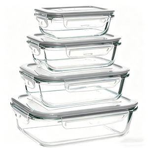 High Borosilicate Glass <b>Lunch</b> Box <b>Set</b> 4 Pieces Rectangle Stackable Microwave Safe Food Storage Container For Adults - Product Image 2