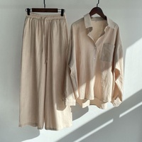 Ensemble décontracté pour femme en coton et lin, chemise à manches longues avec poches, boutonnage simple + pantalon large à cordon de serrage, style vintage