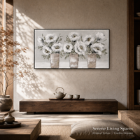Peinture murale sur toile élégante personnalisée en usine, motif floral blanc, trois vases, pour salon