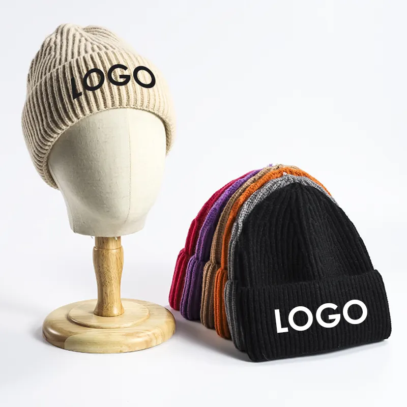 winter thick warm cotton cashmere beanie hats women knit custom embroidery logo beanie