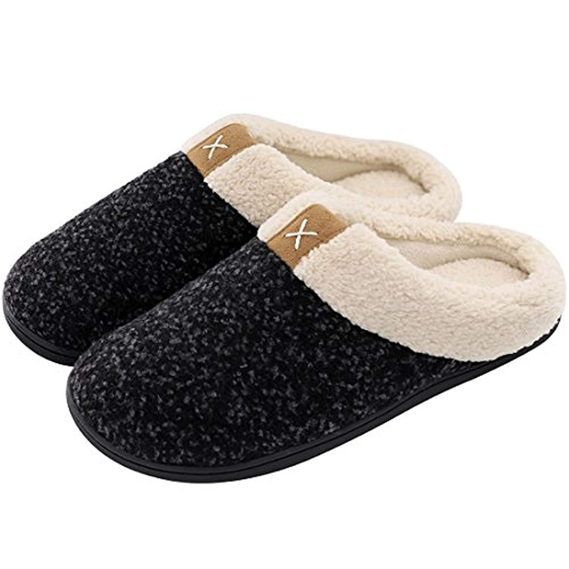 Men's Winter Indoor/Outdoor Anti-Slip Breathable Soft Knit Upper Memory Foam Coral Fleece Lining Warm House Slippers