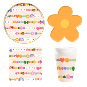 DAMAI Floral Kids Happy Birthday Party Supplies Girls Rainbow Orange Flower Shape <b>Disposable</b> <b>Tableware</b> Paper Napkins Cups Plates - Product Image 4