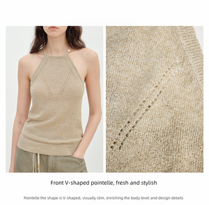 Débardeur sans manches décontracté pour femmes Camisole courte à col licou en lin avec cravate en perles en <span class=keywords><strong>bois</strong></span> et gilet tricoté creux - Product Image 5