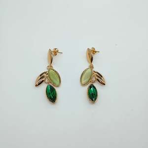 Fashion Drop <b>Earrings</b> <b>Gold</b> Plated 316L Stainless Steel Green Gemstone Leaf Design <b>Dangle</b> <b>Earrings</b> - Product Image 1