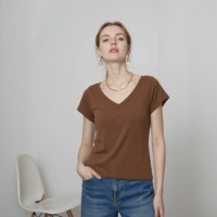 Atasan Wanita Katun V-Neck Lengan Pendek Musim Panas dengan Bantalan Bra Terpasang, Slim Fit, Punggung Indah, Bahan Bernapas - Ukuran Petite