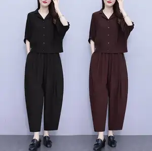 Set pakaian kasual ukuran besar wanita, set dua potong celana atasan longgar modis Musim Panas 2024
