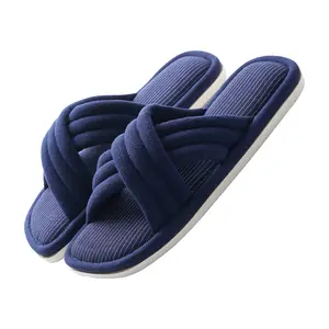 Fashion comfortable plain cross home wood floor anti-skid indoor men and women cotton and linen cloth slippers