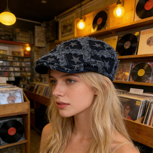 Berretto in denim ricamato con stelle in stile retrò |   Cappello <span class=keywords><strong>da</strong></span> Pittore per Donna |   Stile artistico casual |   Traspirante per tutte le stagioni, adatto per taglie più grandi - Product Image 2