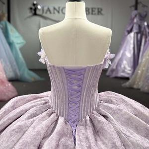 Dy1557 Luxury Lilac Quinceanera Ball Gown 3D Floral Trim Pleated Bodice <b>Silver</b> Damask Jacquard Skirt Jancember - Product Image 2